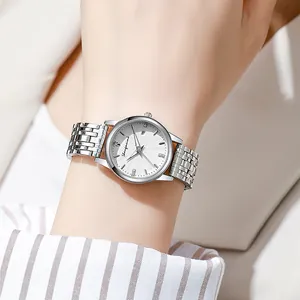 Classic silver quartz watch for women with rhinestones, date display and steel band