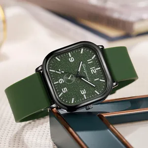 Vintage square men's quartz watch with textured green dial and dark green silicone strap