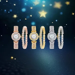 Elegante set di orologio al quarzo e bracciale con cristalli in oro rosa, oro e argento