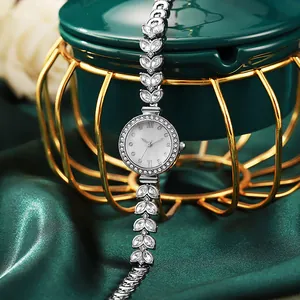 Silver mermaid leaf bracelet watch for women with rhinestones and white round dial