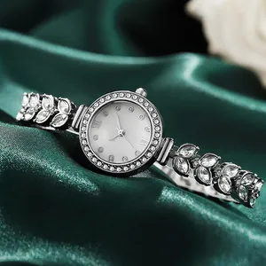 Luxury silver mermaid style watch for women with rhinestone leaf-shaped bracelet strap