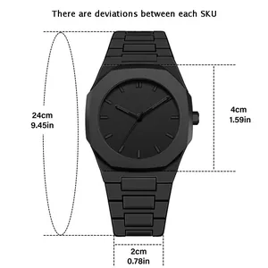 Detail showing matte black octagonal bezel and integrated steel strap of the quartz watch