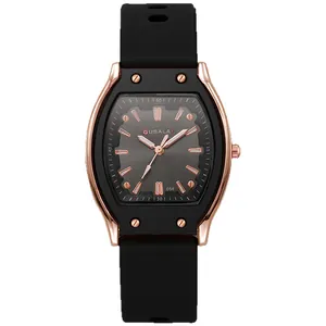 Chic tonneau-shaped quartz watch for women with rose gold case and black silicone strap