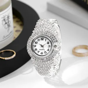 Fashion women's silver quartz watch with full rhinestone inlay and Arabic numerals