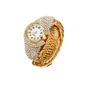 Luxurious gold crystal ladies quartz watch with spiral snake bracelet and white dial