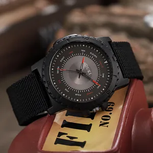 Tactical outdoor sport watch with black nylon canvas strap and dark grey dial