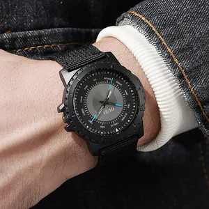Fashionable men's quartz watch with dark grey metal dial and black canvas strap