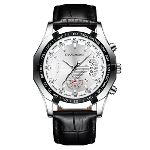 Reloj cronógrafo para hombre con esfera plateada, bisel taquímetro y correa de cuero negro