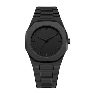 Minimalist all black quartz watch with matte octagonal bezel and integrated strap for men