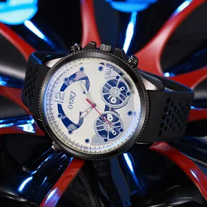OUKI men's hollow blue quartz watch with black silicone strap and red wheel hub background