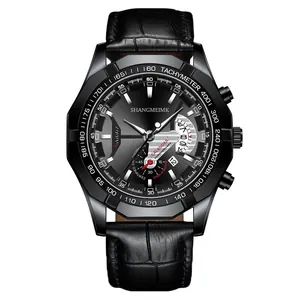Reloj de cuarzo negro para hombre con correa de cuero y caja metálica octogonal