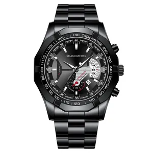 SHANGMEIMK Herrenuhr aus schwarzem Edelstahl mit Chronograph, Tachymeter und Datumsanzeige