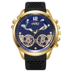 Men's fashion watch with gold case, hollow star rubber strap and dark blue radial dial