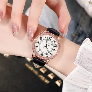 Elegante Damen Quarzuhr mit Strass-Lünette, römischen Ziffern und schwarzem Lederband