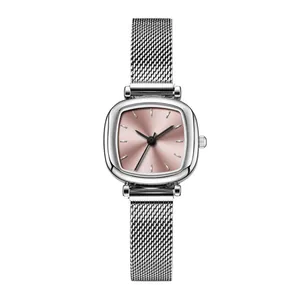 Elegant women's mesh watch featuring a silver case and sunray pink dial