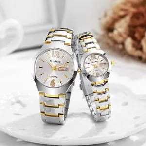 Reloj de Cuarzo de Lujo en Acero de Tungsteno para Hombre Mujer Negocios Pareja Set Impermeable Día Fecha Esfera con Strass