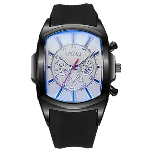 Ανδρικό ρολόι quartz σε σχήμα βαρελιού με μαύρο λουράκι σιλικόνης και μπλε γυαλί