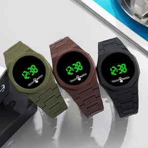 Digital LED touch watch for men in army green, brown, and black silicone straps