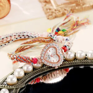 Women's Heart Shaped Quartz Watch Ethnic Woven Strap Rhinestone Inlay Bohemian Fashion Jewelry Wristwatch Decorative Gift