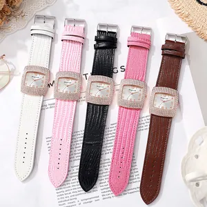 Square quartz watch with diamond bezel and snake pattern leather strap in five colors
