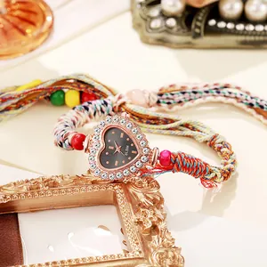 Bohemian heart-shaped quartz watch with rhinestone bezel and colorful woven strap