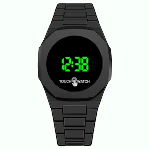 Modern black LED touch watch for men with green digital display and matte silicone strap