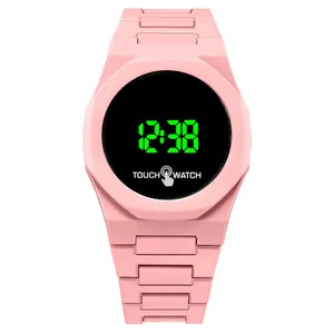 Detail of pink LED touch watch featuring octagonal case and green digital display