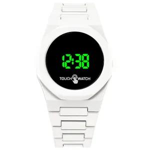 Minimalist white LED digital touch watch with resin strap and green light display