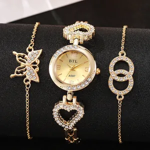 Women Fashion Alloy Quartz Watch Set Elegant Rhinestone Heart Butterfly Clover Bracelet 3 Piece Jewelry Set Ladies Gift