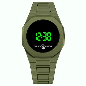 Olive green LED digital touch watch with durable resin strap and minimalist black dial