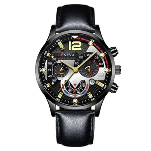 Montre à quartz pour hommes avec calendrier, aiguilles lumineuses et cuir noir