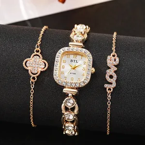 Three-piece gold jewelry set with rhinestone square watch and clover clover charm bracelet