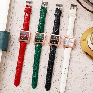 Fashion square dial women's quartz watches with crocodile texture leather straps