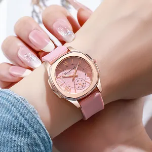 Pink silicone strap watch with rose gold octagonal case and sunburst dial for women