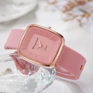 Pink silicone quartz watch for women with rose gold square case and analog dial