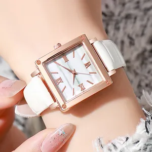 Women's square quartz watch with white marble dial and crocodile leather strap