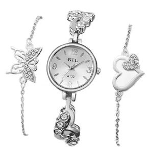 Elegant silver quartz watch set with crystal butterfly heart bracelets for women