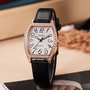 OUKI Luxe Tonneau Dames Quartz Horloge Strass Bezel Golf Wijzerplaat Mode PU Leren Band Roségouden Kast Polshorloge