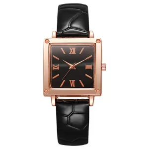 Women's square quartz watch with rose gold case, black crocodile leather strap and roman dial