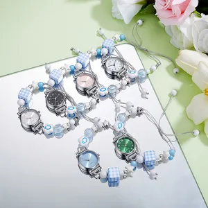 Chic quartz watch for women featuring colorful pearls and woven rope bracelet