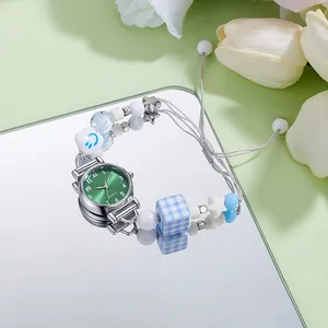 Beaded quartz watch with silver round case, green sunray dial and creative charm strap