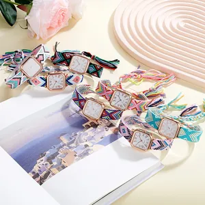 Retro square quartz watch with bohemian woven strap in assorted dopamine colors