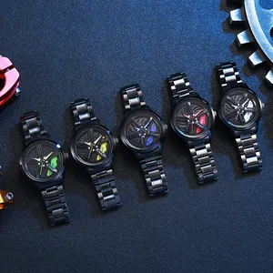 Men's fashion rotating car wheel hub watch set with stainless steel band in five colors