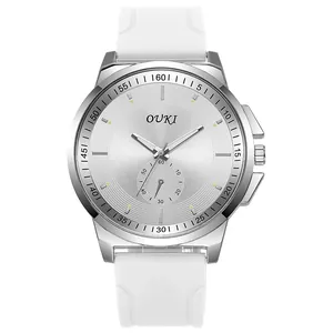 Detail view of OUKI men's quartz watch with silver dial and white silicone strap
