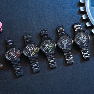 Herenhorloge met draaiende velg en zwarte roestvrijstalen band voor mannen