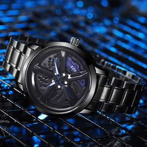 Men's sports quartz watch with creative rotating car wheel hub dial and black steel strap