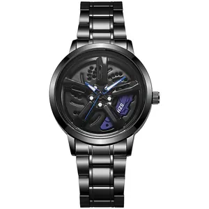 Detailed close-up of rotating car wheel hub dial with blue calipers on a black quartz watch