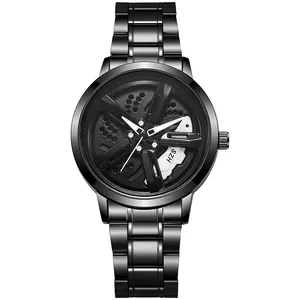 Detailed close-up of a black quartz watch featuring a 3D rotating car wheel hub dial design
