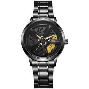 Macro detail of 3D spinning car wheel hub dial with yellow brake caliper on quartz watch