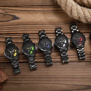 Men's fashion quartz watches featuring rotating car rim dials in five vibrant colors